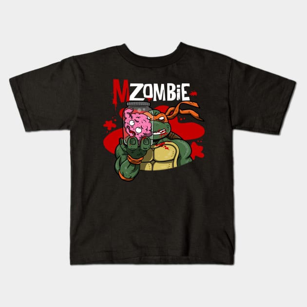 Funny Zombie Ninja Scary Zombie Eating Brains Cartoon Kids T-Shirt by BoggsNicolas